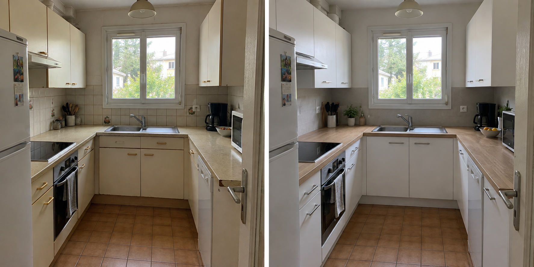 Cuisine rénovée avec meubles blancs et plan de travail en bois